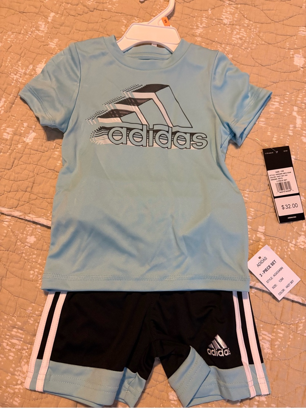 adidas Light Blue Logo Tee with Black Athletic Shorts Set